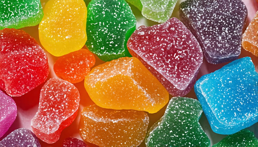 A variety of freeze-dried candies infused with cannabis, displayed in a bowl.