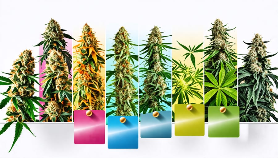 Various strains of cannabis labeled as Sativa, Indica, and Hybrid