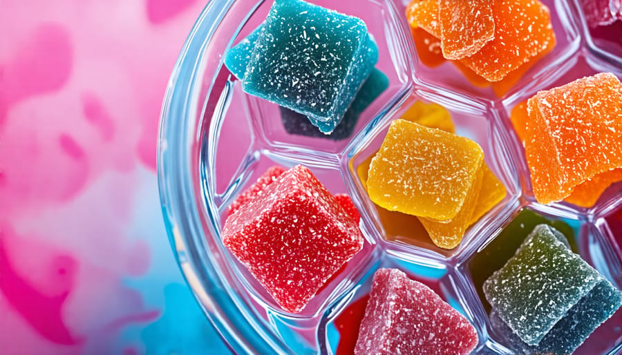 A vivid display of colorful cannabis-infused freeze-dried candies in a clear glass jar, capturing the uniqueness and culinary innovation of these edibles.