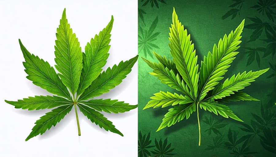 Conceptual illustration contrasting kratom and cannabis leaves, showcasing the distinct characteristics of each plant's foliage.