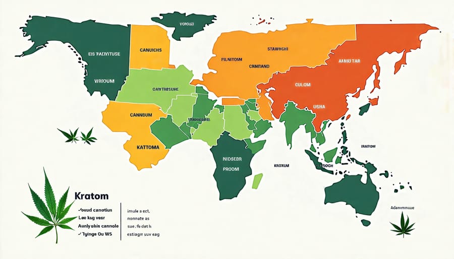 Map illustrating global legal status of kratom and cannabis